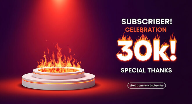 30k subscribers celebration banner with flaming text and podium