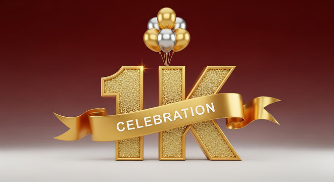 3d gold 1k celebration text with balloons and ribbon