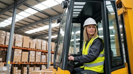 Fototapeta premium Woman operating a forklift in a warehouse, wearing safety gear, looking focused and attentive.