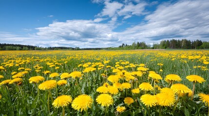 Obraz premium Field of bright yellow dandelions under blue sky with white clouds, beautiful spring landscape with blooming wild flowers meadow