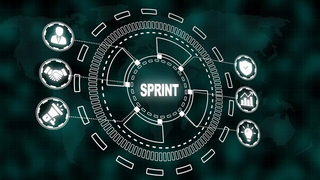 Centralized digital display of the word SPRINT within a circular HUD, connected to business icons on a global map backdrop