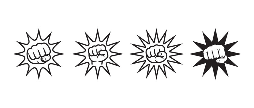 Punching Fist Icons with Starburst Effect, Black and White Graphic Design Element Symbolizing Impact, Power, and Strength.