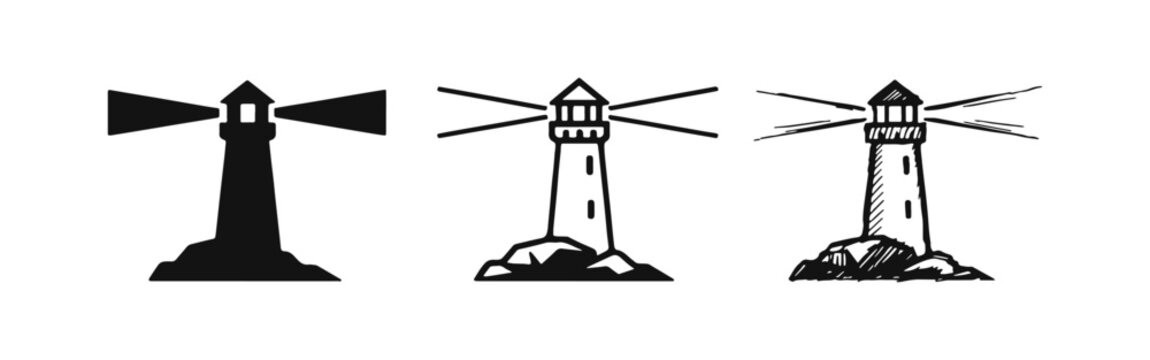 Lighthouse icon set in silhouette, outline, and hand-drawn styles, symbolizing guidance, safety, and coastal navigation.