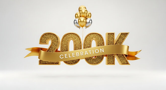 200k celebration text with golden balloons isolated on white background