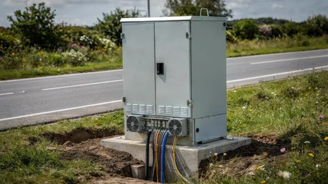 Outdoor fiber optic backhaul cabinet installation along a roadside verge main cabinet clearly detailed with soft focus on passing vehicles and natural roadside greenery.