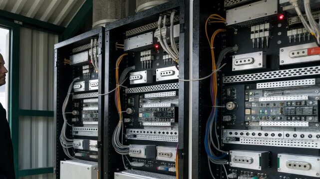 Medium shot of wireless base station interior showing organized cabinets with power systems blurred cooling units in background inside rural field equipment hut.
