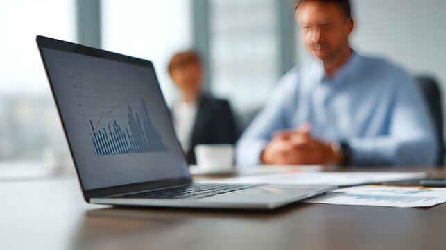 Laptop on desk with blurred office background, modern workspace concept, remote work, digital technology, productivity setup.