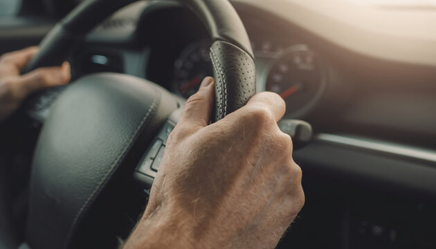 Close up of driver hand with firm grip on perforated leather steering wheel. person driving modern car on journey, feeling focused and in control on road