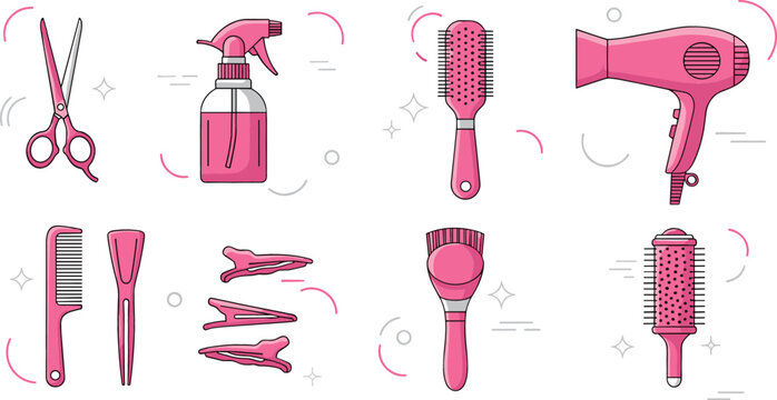 Hairdresser tools set with scissors comb brushes dryer clips and spray bottle, beauty salon equipment collection vector illustration