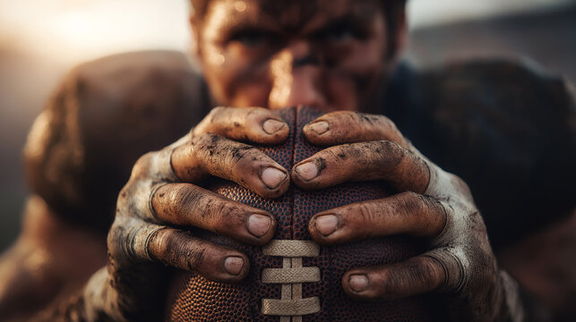 Extreme close-up macro of professional quarterback hands wrapped in white tape tightly gripping American football laces, muddy grass.