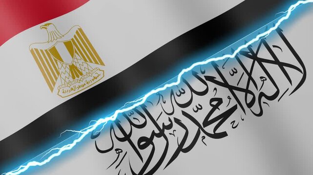 Two waving flags Egypt and Afghanistan with diagonal lightning seamless, 4k loop