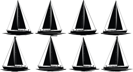 sailboat, yacht, sailing, silhouette, sea, ocean, boat, marine, travel, vector, illustration, black, white, water, leisure, wind, navigation, adventure, nautical, summer © Abu