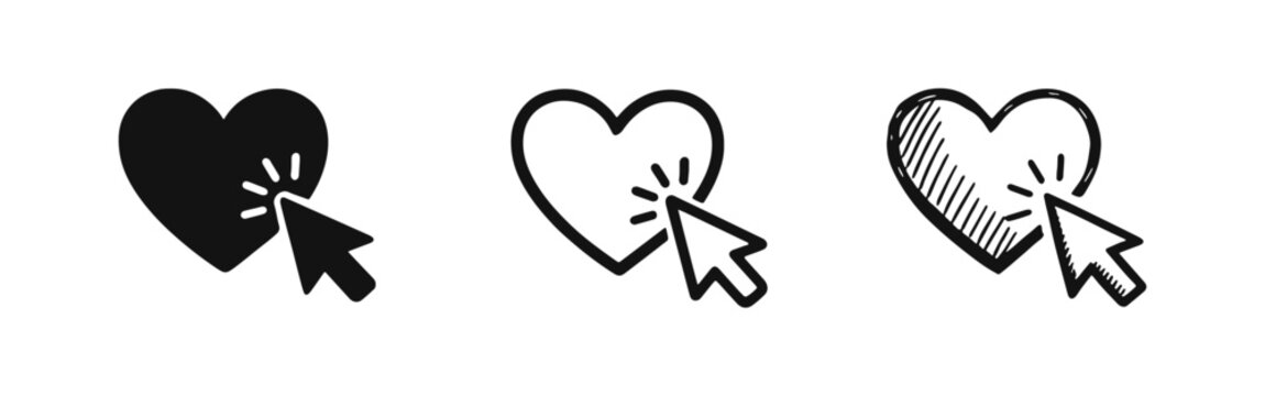 Click Heart Icon Set with Mouse Cursor. Like Button or Favorite Action Symbol in Solid, Outline, and Hand-Drawn Styles.