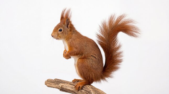 A detailed profile view of a vibrant red squirrel with tufted ears standing on a wooden branch