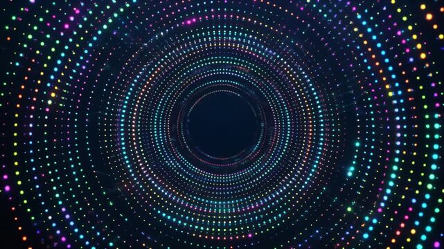 Multicolored neon dot spiral pattern on black background