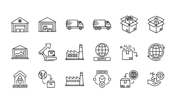 Supply chain and logistics outline icons vector with delivery and manufacturing symbols