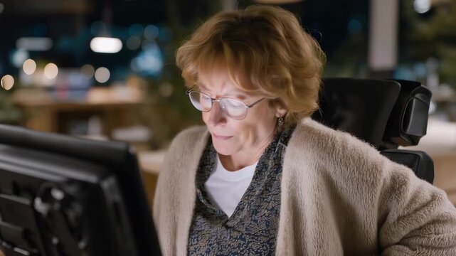 Woman with limited mobility uses voice and thought commands to control smart home systems from wheelchair in accessible apartment, ideal for brain computer interfaces, home automation, and modern