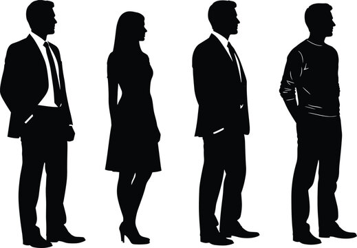 Silhouettes of business people and casual man standing in profile, professional and lifestyle contrast concept, isolated black human figures