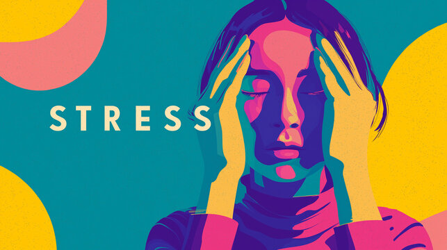 Woman holding head in pain with text stress. Pop art illustration of mental health struggle. Anxiety, depression and emotional pressure concept.