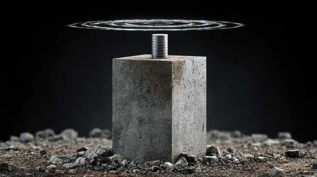 Hammer impact on concrete block creating shockwave effect. Industrial concept representing force, strength and construction power.