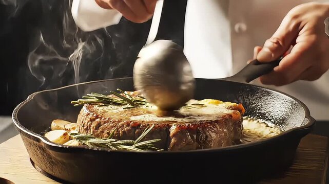 Luxury Steak Butter Basting in Cast Iron Pan, Cinematic Horizontal Fine Dining Scene