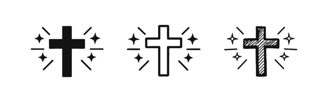 Glowing Christian Cross with Stars and Light Rays Icon Set. Divine Hope and Salvation Symbol. Holy Spirit Vector.