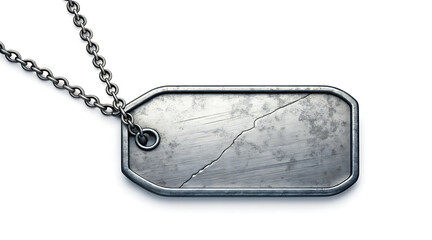Fototapeta premium Worn military dog tag, cracked metal identification tag, chain, scratched surface, tarnished finish, hanging pendant