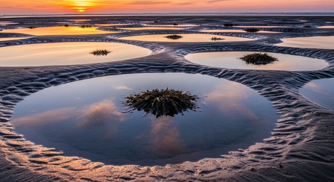 Tide pools reflect sunset sky on sandy beach at low tide