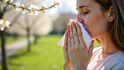 Obraz premium Woman with spring pollen allergy sneezing into tissue near blooming tree outdoors