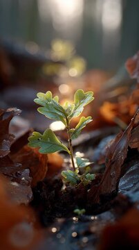 Oak Sprout Growing Time-lapse from Forest Soil Cinematic Macro Shot with Golden Hour Backlighting