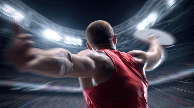 thrower. A discus thrower tensed mid-rotation in an arena before release. event key visuals, club posters, designed for sports event promotions and stadium branding, used by fitness trainers.