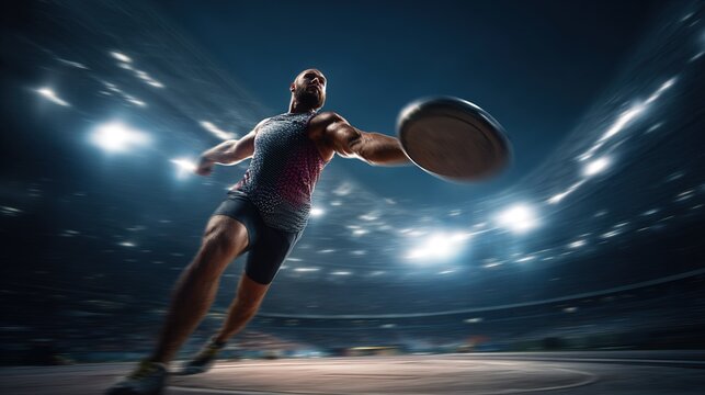 thrower. A discus thrower tensed mid-rotation in an arena before release. event key visuals, club posters, designed for sports event promotions and stadium branding, used by fitness trainers.