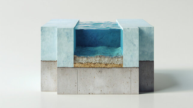 Cutaway model of subsurface waterproofing and foundation protection system with water barrier.