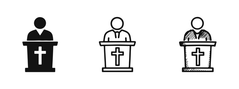 Preacher or Speaker at Podium with Christian Cross Icon Set for Sermon and Worship