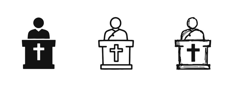 Preacher or Speaker at Podium with Christian Cross Icon Set for Sermon and Worship
