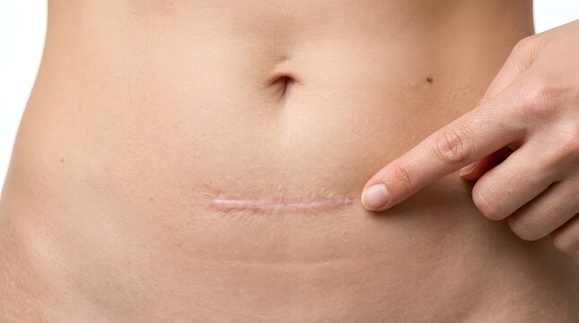 macro close-up of abdominal surgical scar with pointing hand medical recovery concept