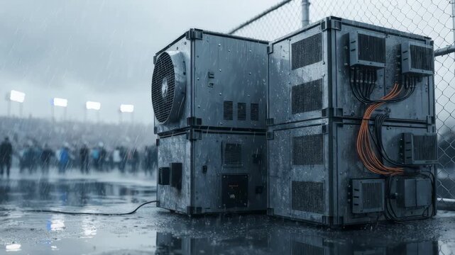 Medium shot showing micro data shelter beside stadium fence detailed computing modules crisply in view with crowd areas and lighting equipment softened in the distance.