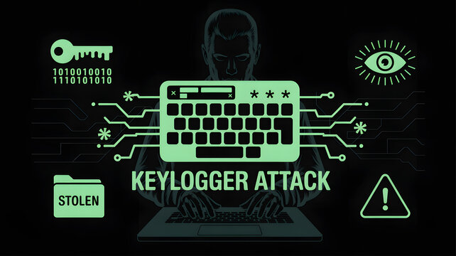 Keylogger Cyber Attack: An ominous depiction of a keylogger attack, symbolizing the clandestine theft of data through malicious software.