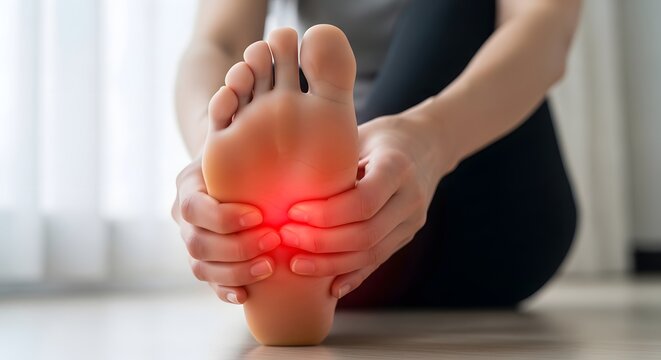 close-up of foot pain with red inflammation highlight plantar fasciitis concept