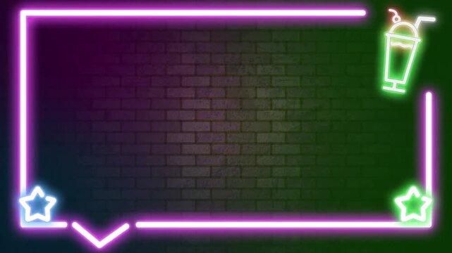 Colorful Neon Speech Bubble Frame with Drink Cup on Brick Wall Background Loop Animation