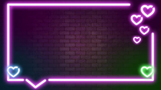 Pink Neon Speech Bubble Frame with Floating Hearts on Brick Wall Background Loop Animation
