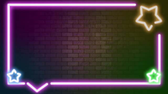 Colorful Neon Speech Bubble Frame with Stars on Brick Wall Background Loop Animation