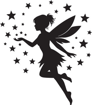 Fairy Silhouette Flying with Magic Stars Dust on White Background