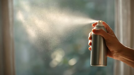 Fototapeta premium Hand spraying aerosol disinfectant mist from spray can in sunlight hygiene concept