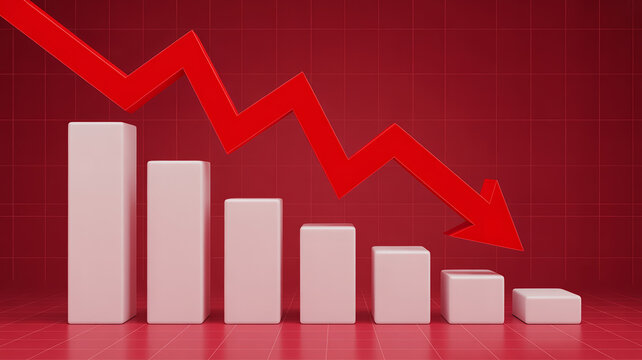 Red arrow showing significant downward trend across decreasing white bar graphs on a vibrant red grid background representing financial market loss
