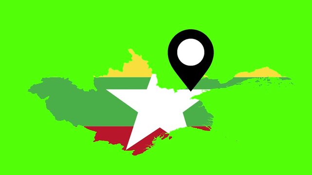 Myanmar Map with National Flag and Location Pin Green Background	