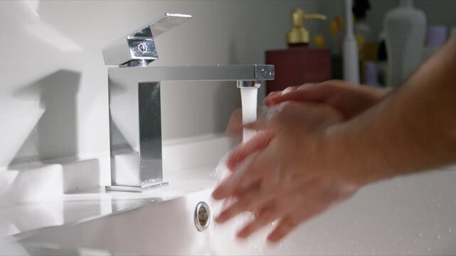 Detailed close-up: male hands create lather with soap under flowing water in bathroom sink. Focus on cleaning fingers and palms for germ removal and natural skin care at home.