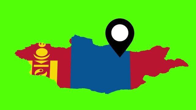 Mongolia Map with National Flag and Location Pin Green Background	