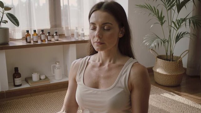 Caucasian woman practicing meditation in a serene indoor space, surrounded by plants and essential oils, showcasing a peaceful atmosphere and natural light
