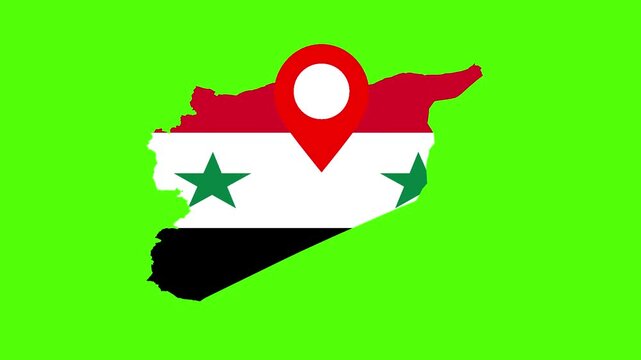 Syria Map with National Flag and Location Pin Green Background	